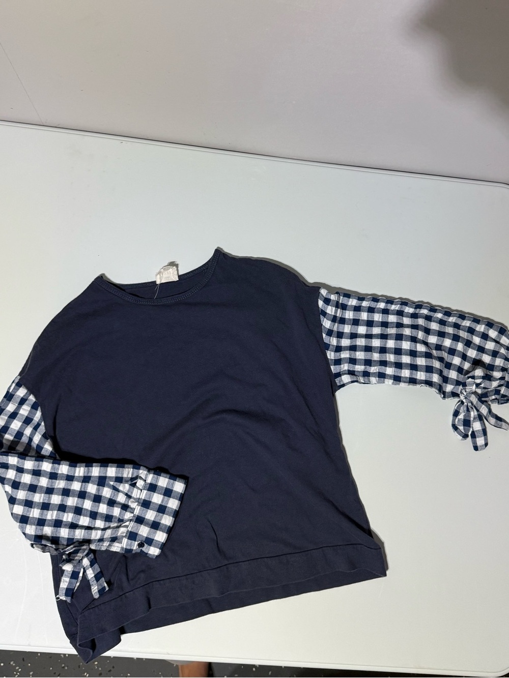 Hayden Girls Navy Gingham Statement Tie Sleeve Top EUC
